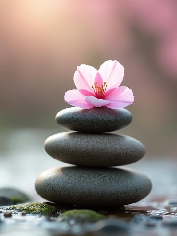 Pietre zen impilate con un fiore di ciliegio, a simboleggiare l'equilibrio.